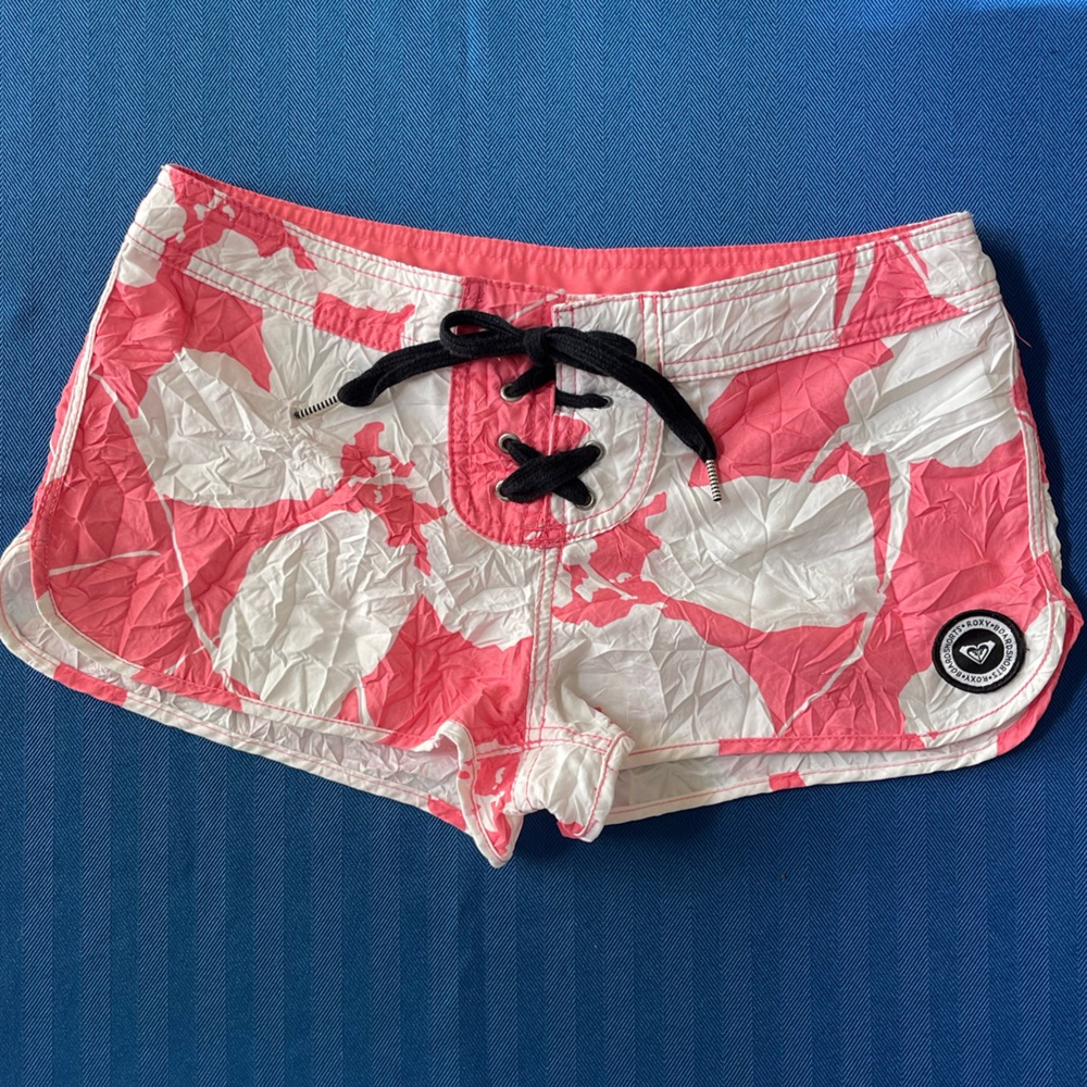 Roxy Pink and White Floral Swim Shorts with Black Drawstring